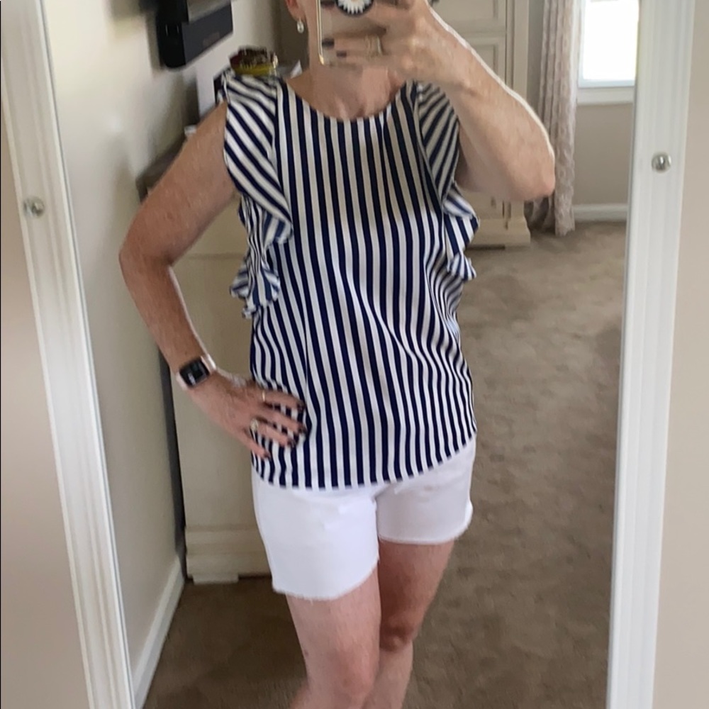 Juicy Couture ruffled sleeve blue and white striped sleeveless blouse